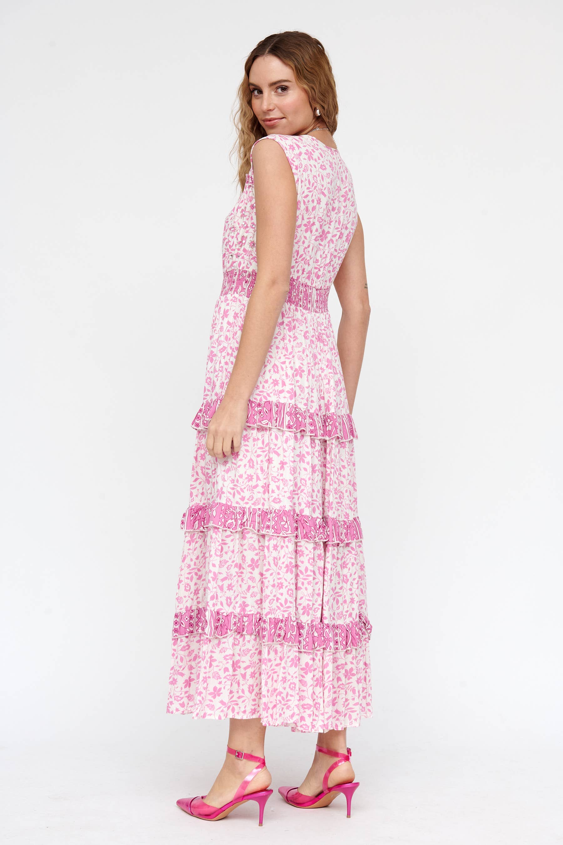  KHAKI TURQUOISE PINK  LONG BOHO WRAP DRESS WITH FLORAL PRINT AND RUFFLES for wholesale on Faire1