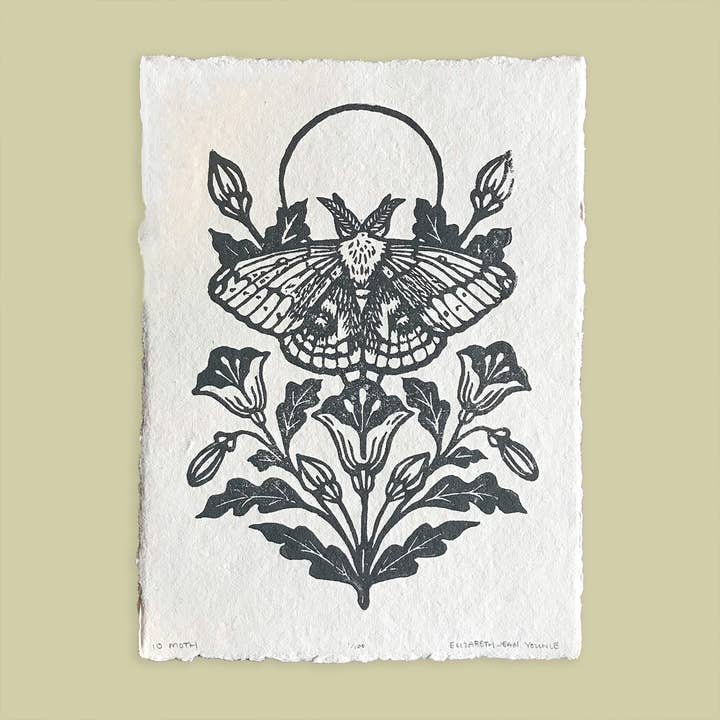 Mustard Beetle - Wholesale Art Print - IO Moth & Poppies Handprinted Linocut on Handmade Paper 5x7"10