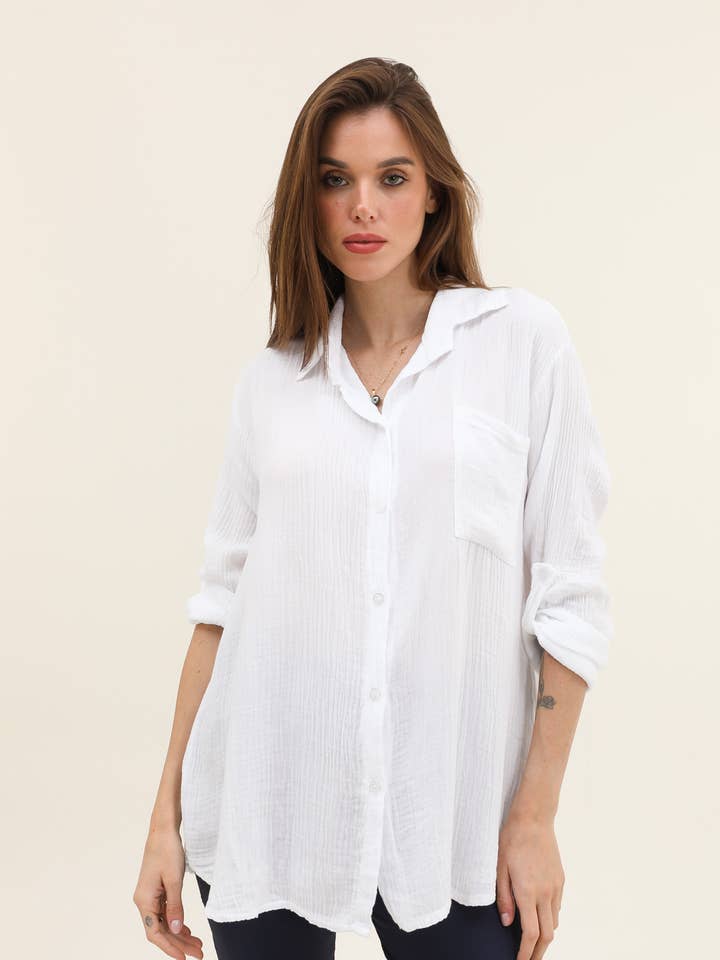 MOONSUN - Wholesale Button Down Shirt - Women's - #5270 button down cotton gauze shirt