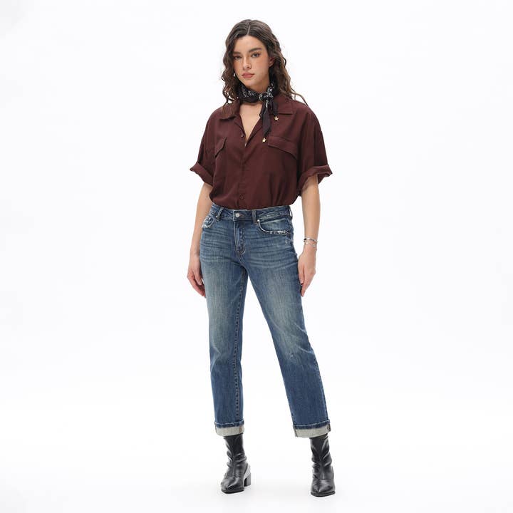 Jean droit à revers taille mi-haute cheville déchiré DET5012 pour la vente par DOSSEVISU