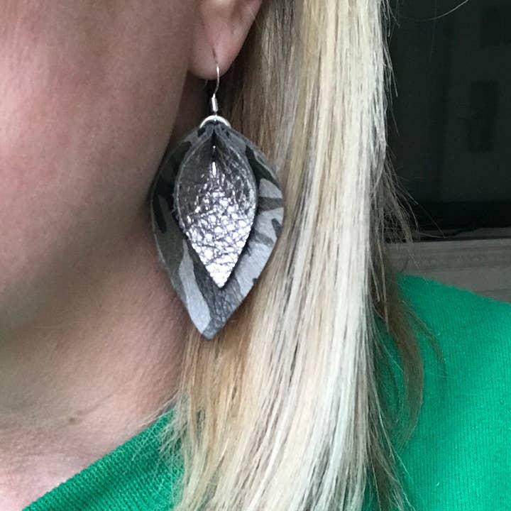 Katie - Double Layered Leather Leaf Shaped Earrings in Grey and Green Camo and Metallic Gunmetal for wholesale by Luna And Loki Design
