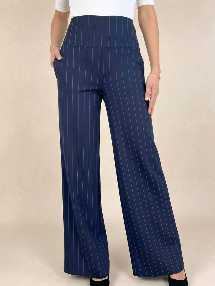 HIGH WAIST WIDE LEG PANT: NAVY PINSTRIPE for wholesale by KiraGrace
