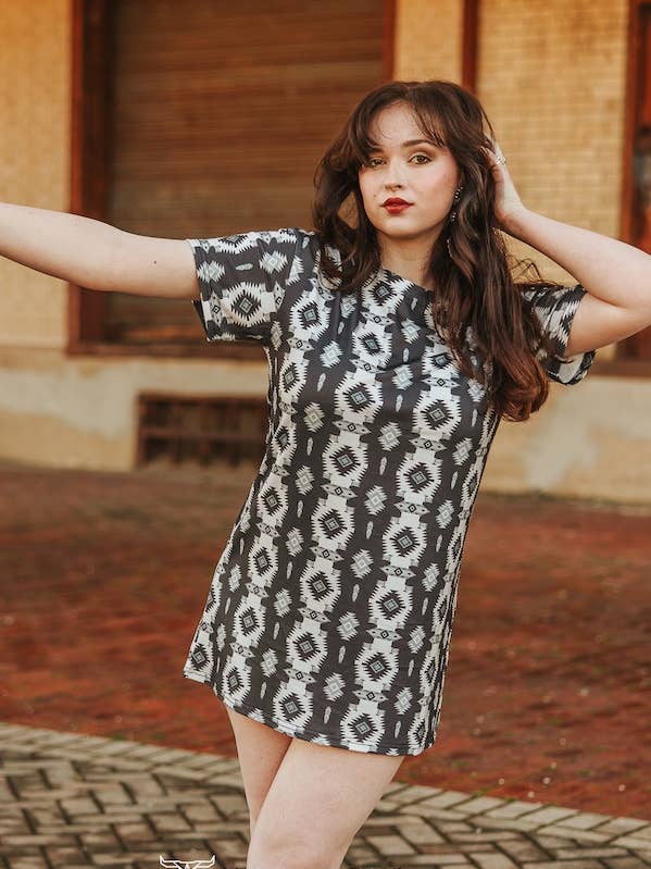 LUCKY & BLESSED - Wholesale Dress - Women's - Black Aztec Printed Short Sleeve Dress0