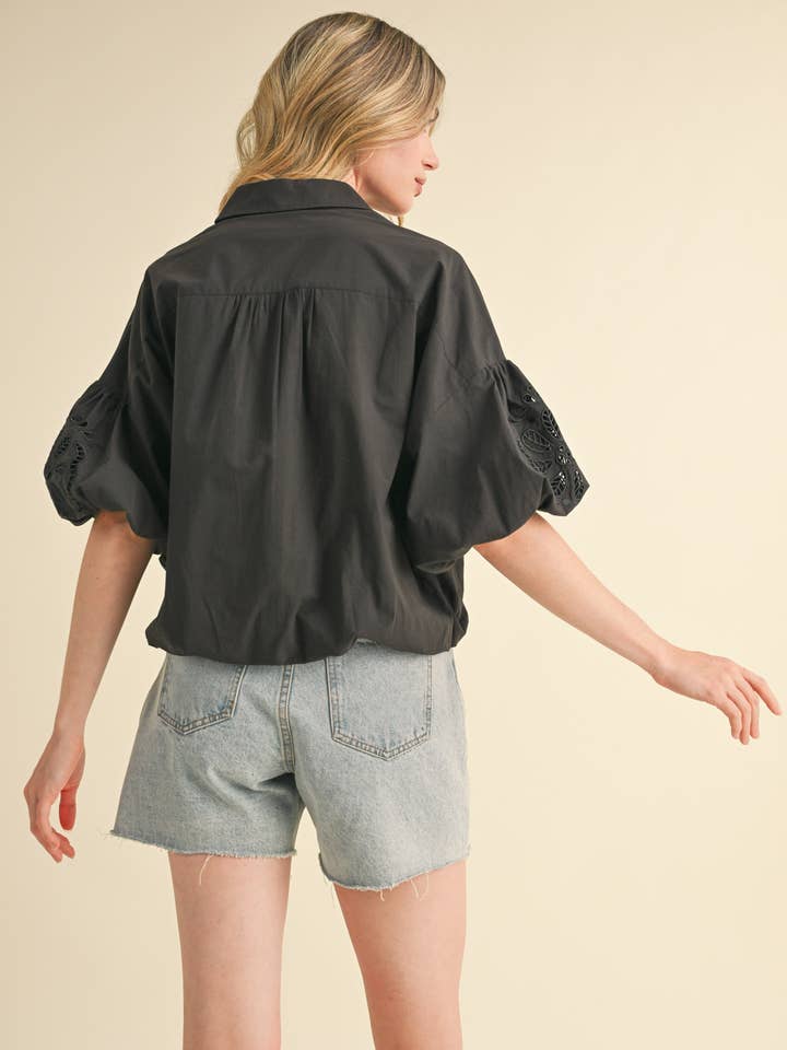 &MERCI - Wholesale Button Down Shirt - Women's - CUT OUT EMBROIDERED BUBBLE SLEEVE TOP MTP3835