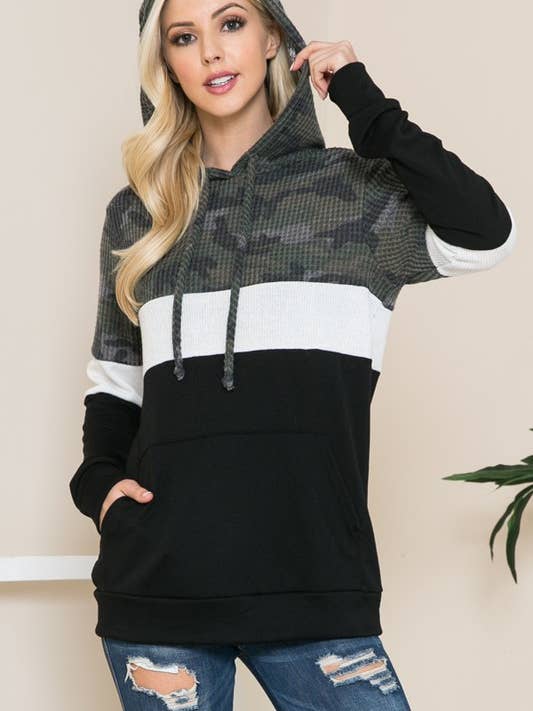 LONG SLEEVE CAMO PRINT COLOR BLOCK HOODIE for wholesale by Pink Irene Wholesale