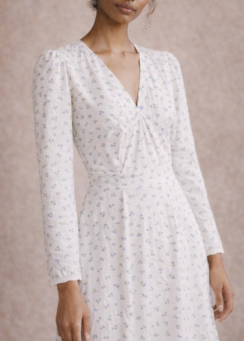 Atèlette - Wholesale Dress - Women's - White Blue Ditsy Floral Cotton Midi Dress - Emmeline Dress2