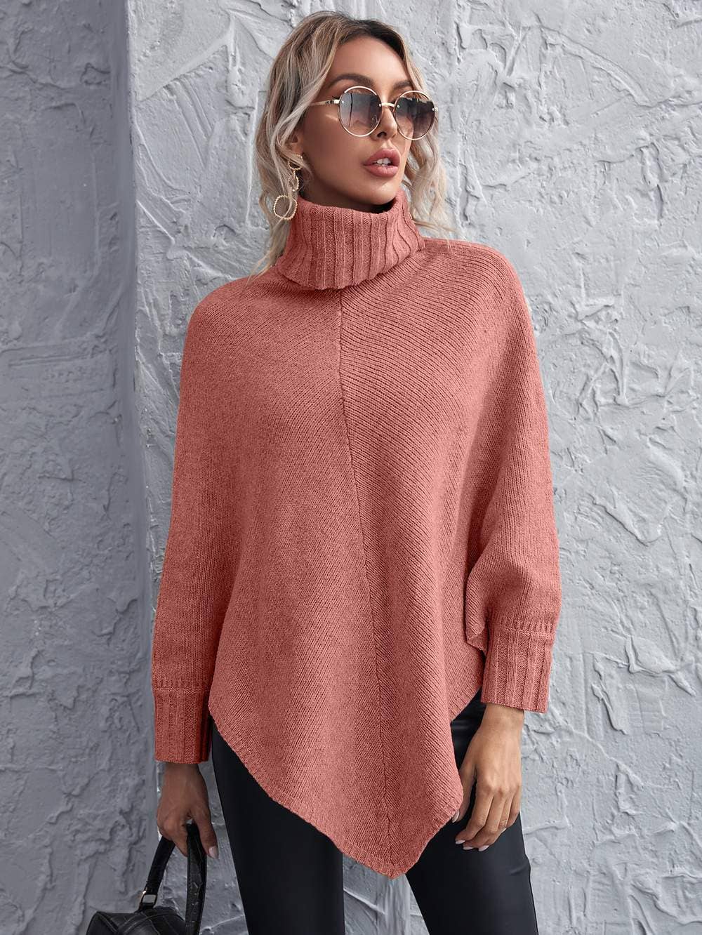 Queen Fashion - Wholesale Knit Sweater - Women's - turtleneck asymmetrical hem poncho sweater7