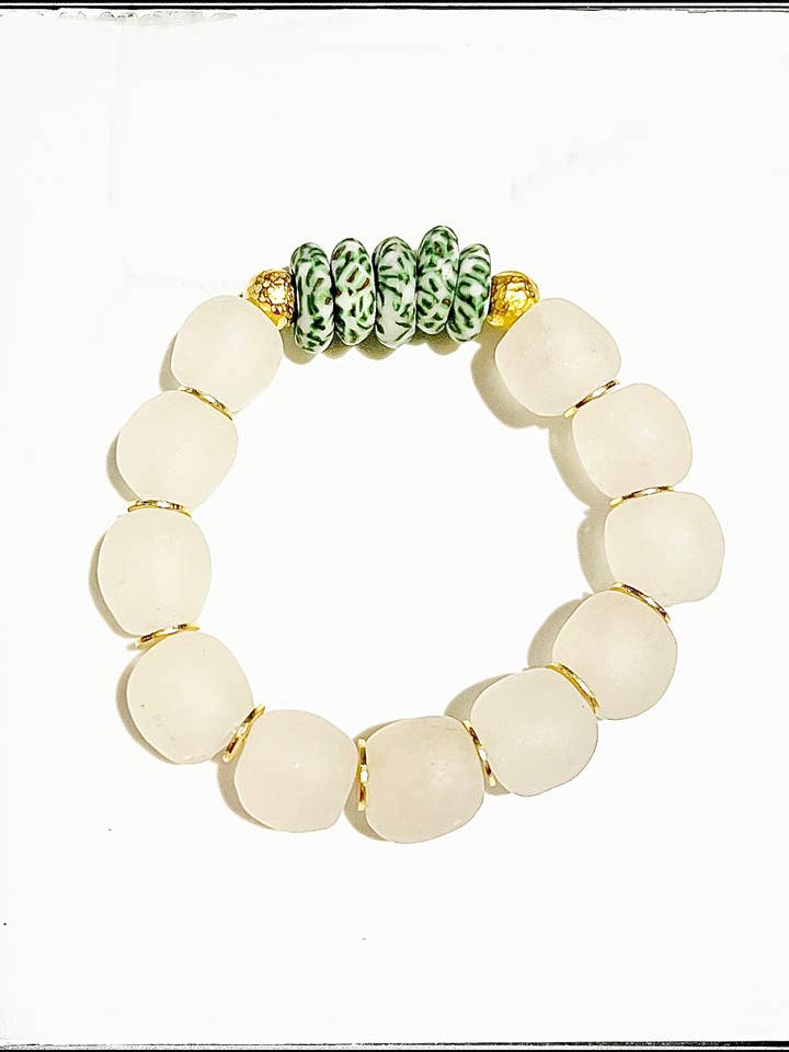 Recycled Glass Bead Stretch Bracelet Green Speckled Stacking for wholesale by GentrybyJenna