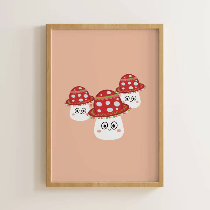 Stampa d'Arte per Bambini - Tre Funghi - A4 & A3 per la vendita all'ingrosso da parte di Kago Studio