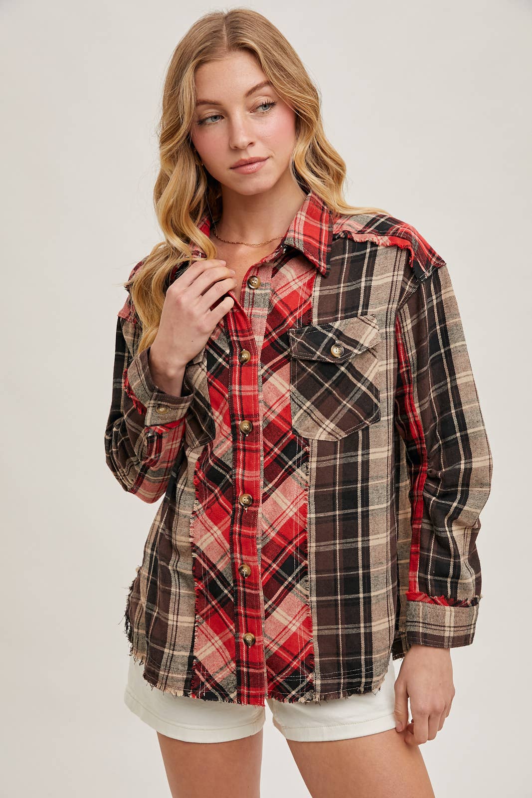 Bluivy - Wholesale Button Down Shirt - Women's - DISTRESSED HEM BUTTON DOWN PLAID SHIRT - 4TH OF JULY14