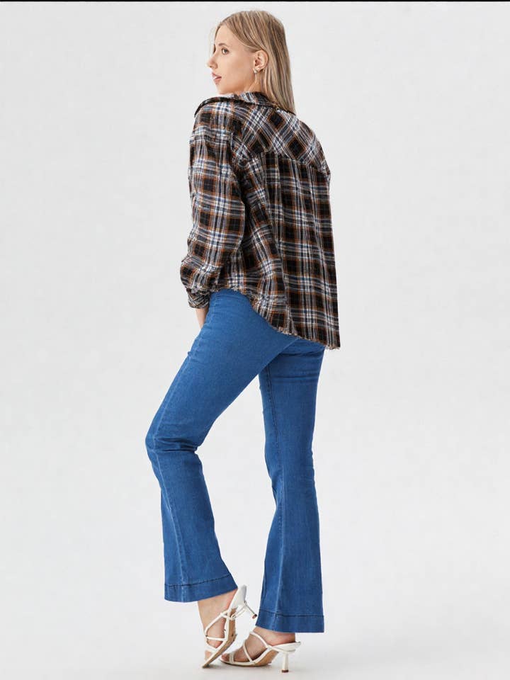 VERY J - Wholesale Button Down Shirt - Women's - NT11147-Cuff Detail Plaid Oversized Button Up Shirt