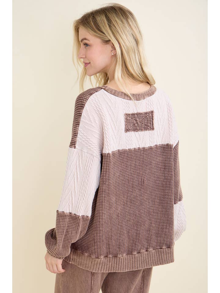 J.Her - Wholesale Knit Sweater - Women's - Mineral Washed Fall Winter Boho block Sweather Top HT67915