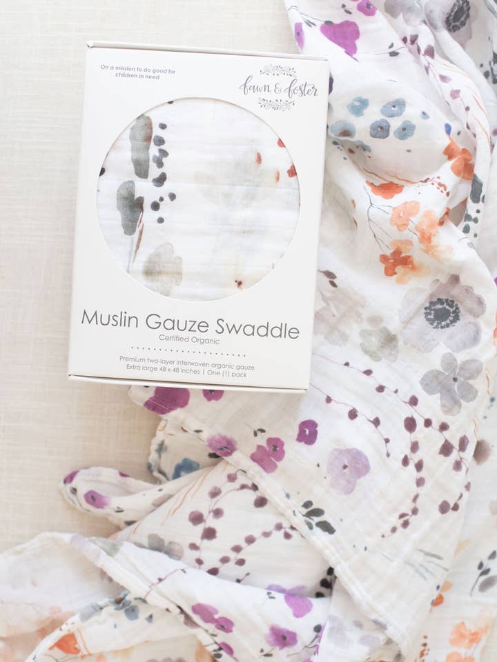 Fawn & Foster - Wholesale Swaddle - Baby - Organic Muslin Gauze Swaddle Receiving Blanket Violet Floral2