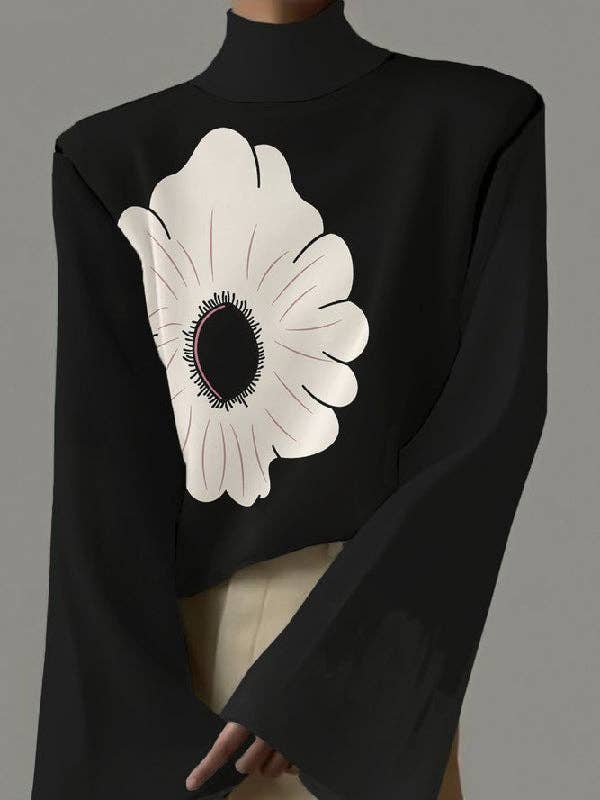BLACK Flared Sleeves Flower Print High-Neck T-Shirts Tops for wholesale on Faire1