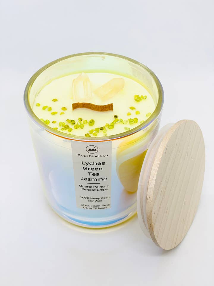 Lychee Green Tea Jasmine Hemp Soy Candle with Wooden Wave Wick + Crystals for wholesale by Swell Candle Co