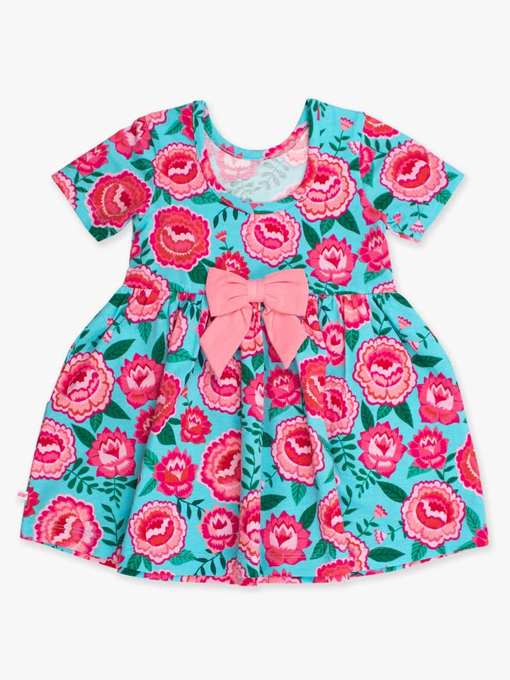 Azul Vestido de Malha com Mangas Curtas e Rodado Bright Blossoms para Meninas para venda a revendedores na Faire8