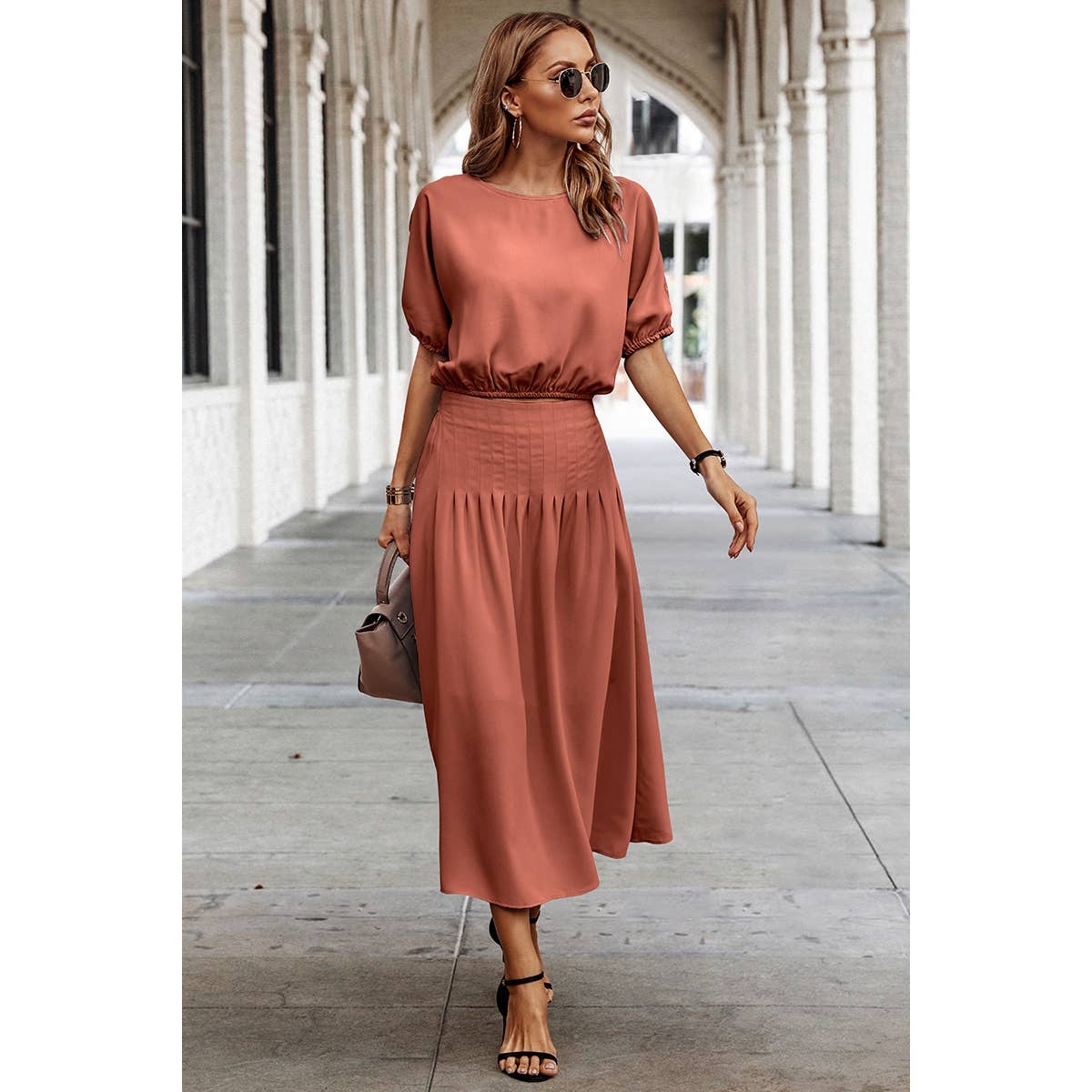 Supreme Fashion - Wholesale Top & Skirt Set - Women's - Two Pieces Solid Color Loose Puff Sleeve Pleated Sets4