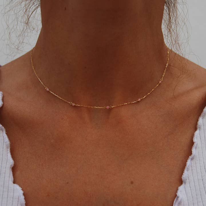 Colar de ouro 18K, colar de quartzo rosa, colar minimalista por atacado de Yneda Jewels