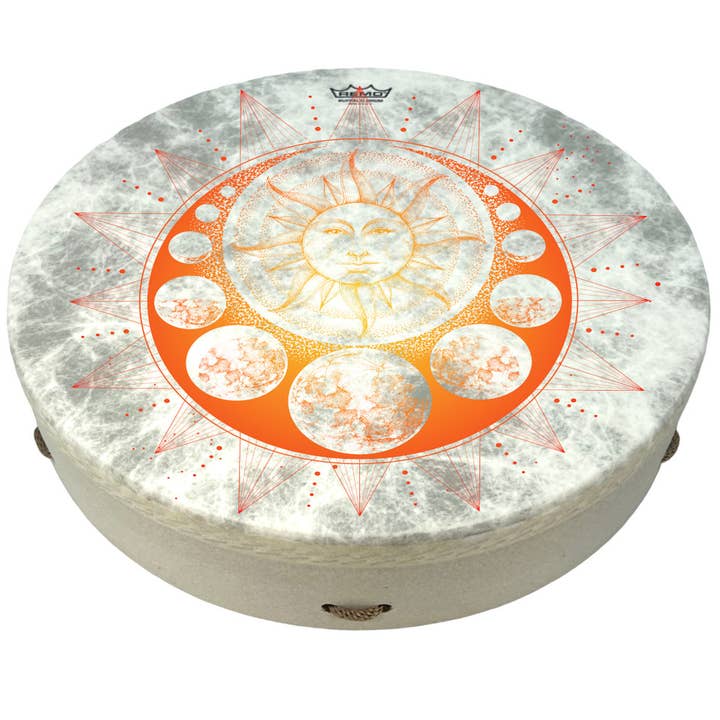 16" Sun and Moon White Buffalo Drum #remobuffalo16in-sunmoon for wholesale by HK Higher Knowing