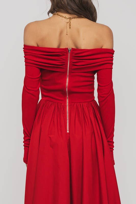 Urban Daizy - Wholesale Dress - Women's - Elegant Off Shoulder Ruched Long Sleeve Spring Midi Dress5