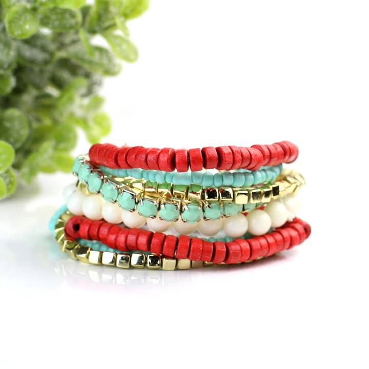 Funky Monkey Fashion - Wholesale Beaded Bracelet - *$3.97 Closeout* Boho Bracelet - Red/Turquoise