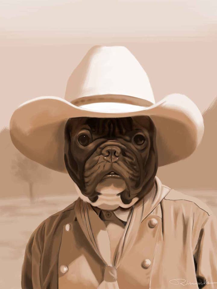 Impression artistique sur un bouledogue français, un cowboy du Far West et un chien pour la vente par Brian Rubenacker studios