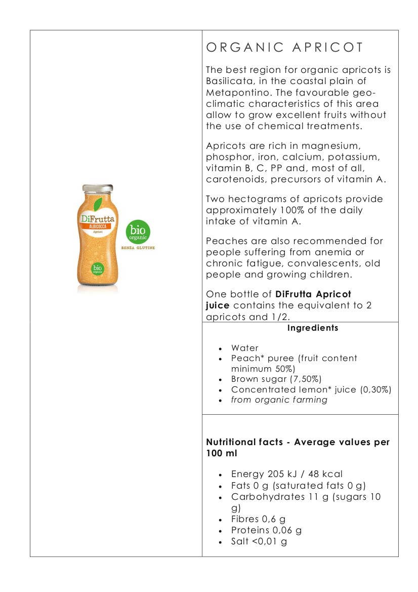 Metina SAS - Wholesale Fruit Juice - Apricot Organic Fruit Juice DiFrutta 20 cl.1