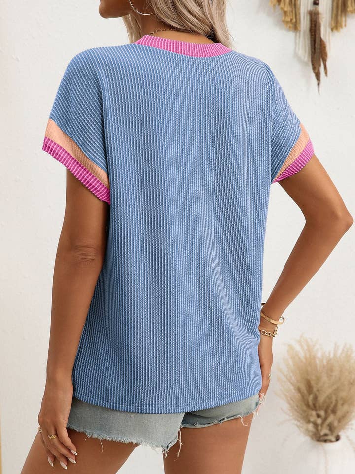Lovesoft - Wholesale Knit Top - Women's - Relaxed Fit Round Neck Color Block Summer T Shirt