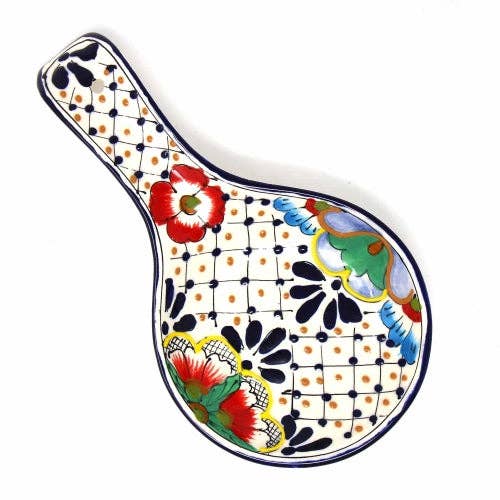 Global Crafts - Wholesale Spoon Rest - Encantada Handmade Pottery Spoon Rest, Dots & Flowers3
