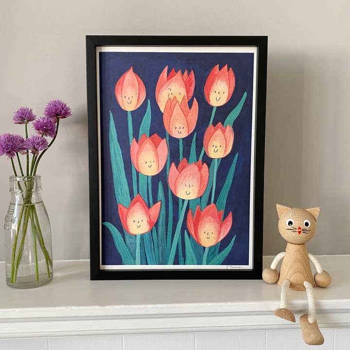 Happy tulips, A4 Nursery Art Print (unframed) for wholesale by Juliet Thomas Doodles