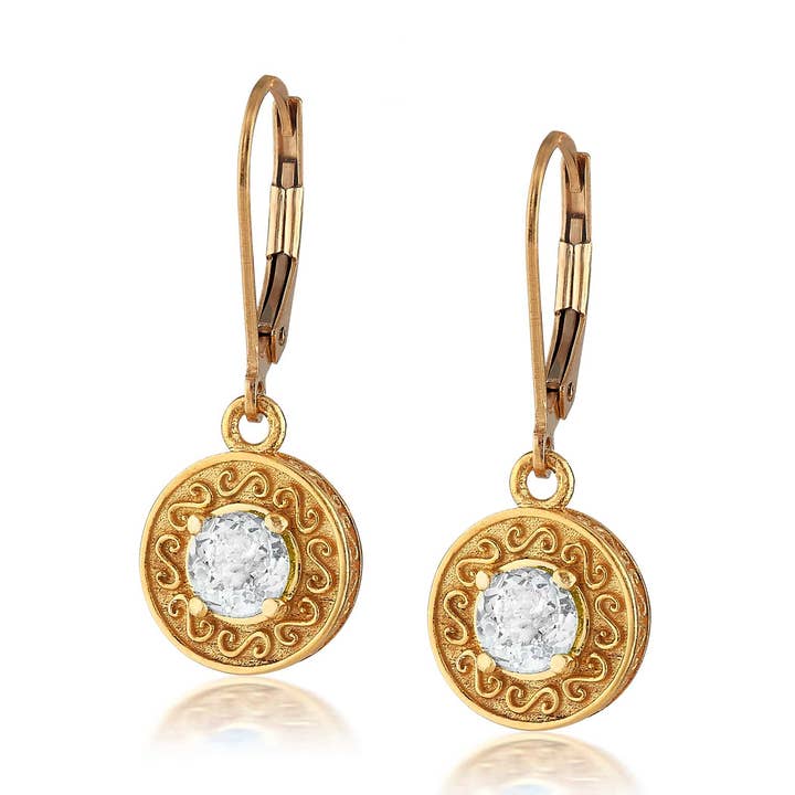 Orecchini a disco in vermeil in oro 18k inciso con topazio bianco per la vendita all'ingrosso da parte di Anatoli Jewelry