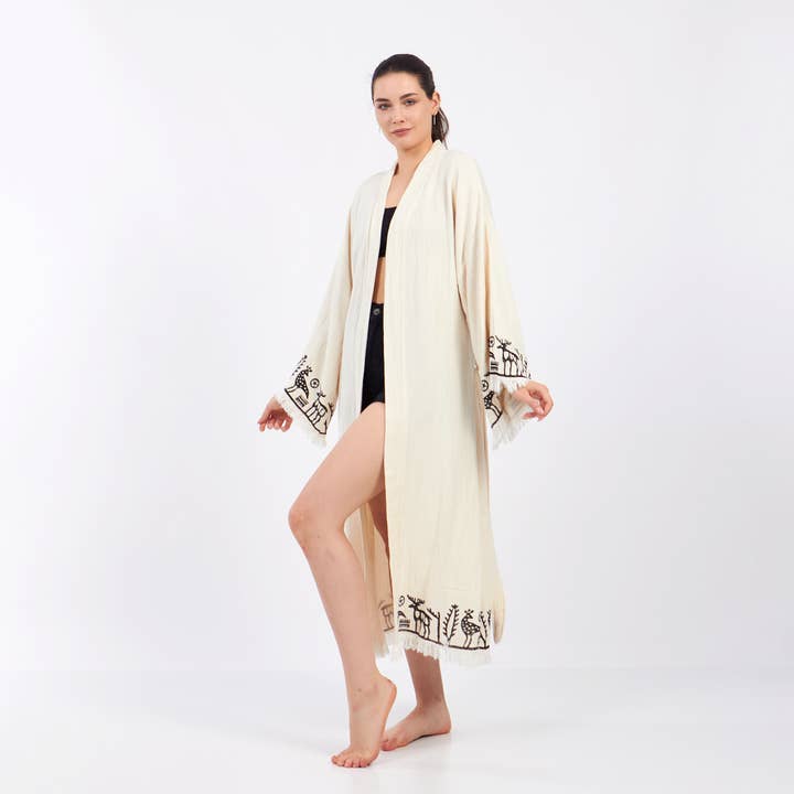 Yaz Concepts - Wholesale Kimono - Women's - Turkish Organic Primitive Pattern Cotton White Kimono Robe