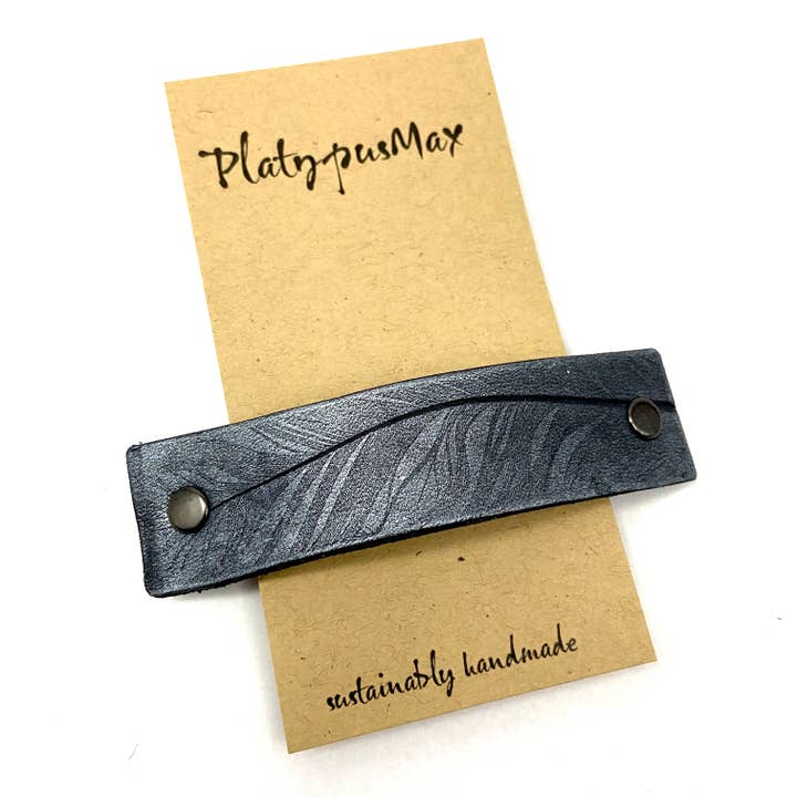 Gunmetal Gray Feather Imprint Leather Hair Barrette for wholesale by PlatypusMax