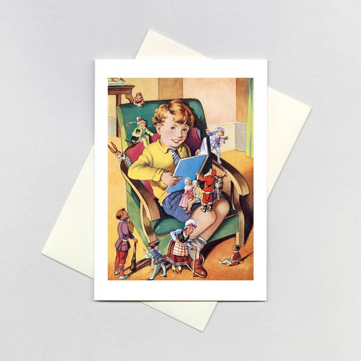 A Boy Reading to His Toys - Books & Readers Card for wholesale by Laughing Elephant
