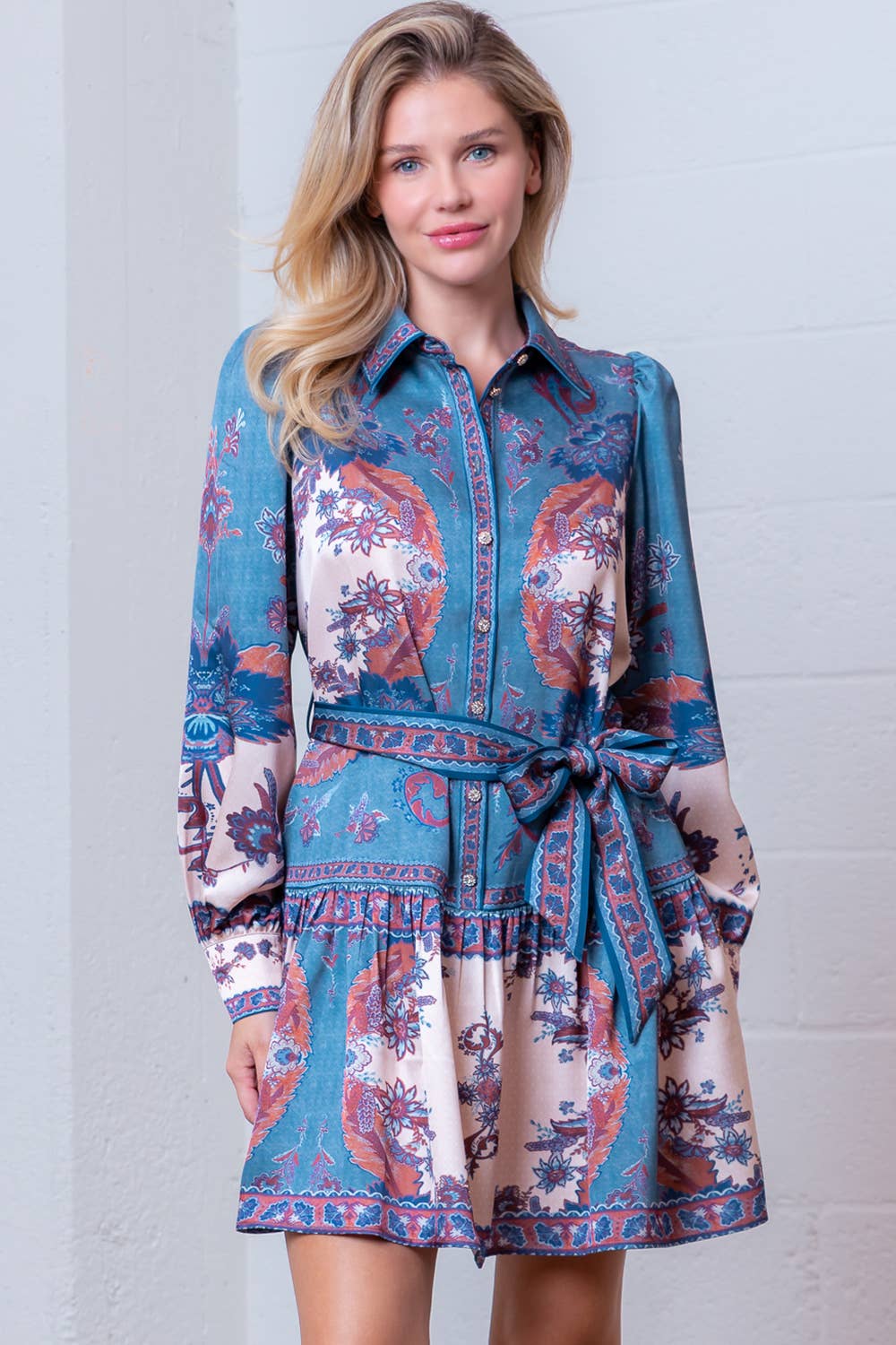 Blue Multi WD99080T-BLUE CREAM FLORAL PLACEMENT PRINT DRESS  for wholesale on Faire1