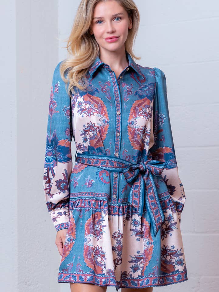 Blue Multi WD99080T-BLUE CREAM FLORAL PLACEMENT PRINT DRESS for wholesale on Faire1