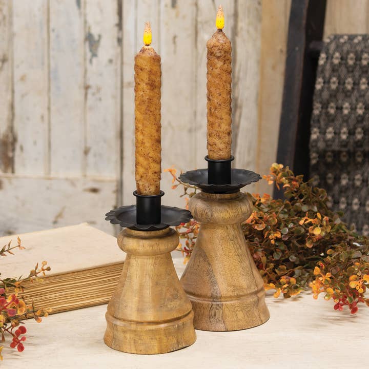 The Hearthside Collection - Wholesale Candle Holder - Natural Wood & Metal Cone Spindle Taper Holder - 6.25"1