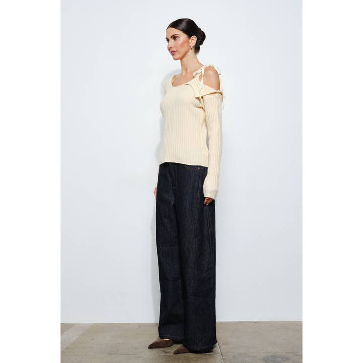 OATMEAL Cecily Tie Shoulder Asymmetrical Sweater for wholesale on Faire1