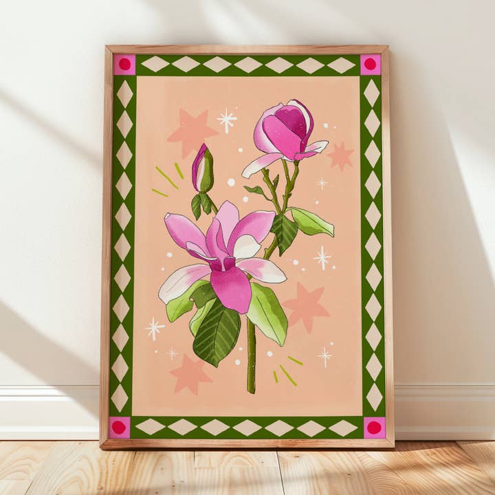 Magnolia Flower + Sparkle Print | Cute Bright Wall Art Decor for wholesale by Natalie Lea Owen – Handmade Jewellery & Greeting Cards