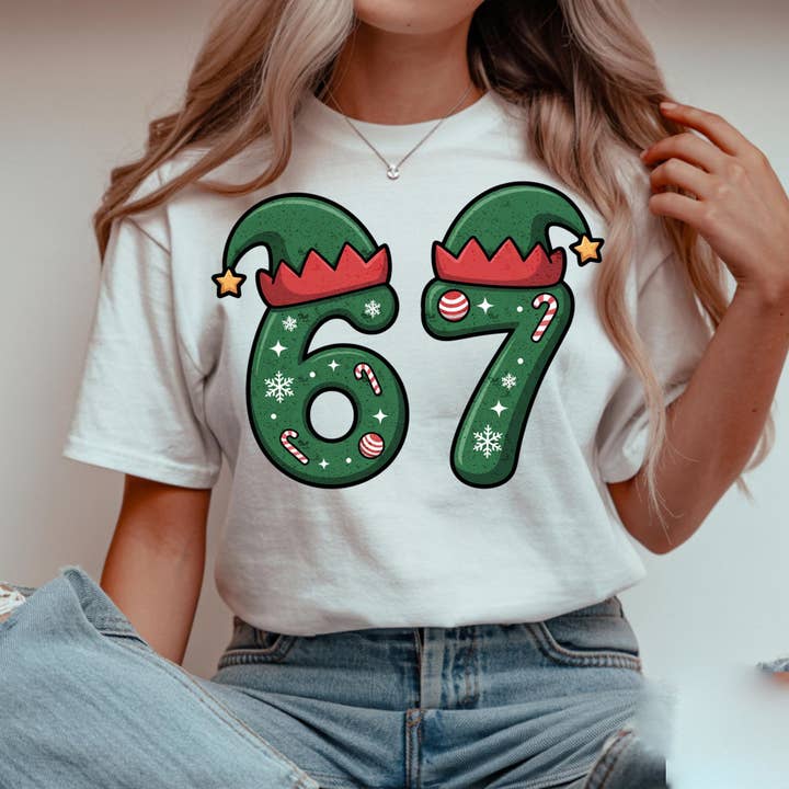 Funny 67 Christmas Elf Hat Shirt, Six Seven Meme Sweatshirt for wholesale by DLT Ecommerce