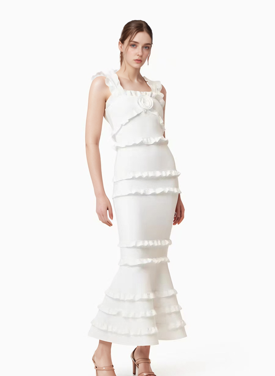 Sanyao Fashion – Vestido comprido - Mulher por atacado – Vestido de Cauda de Sereia com Camadas e Folhos SY497 para Noite de Verão0