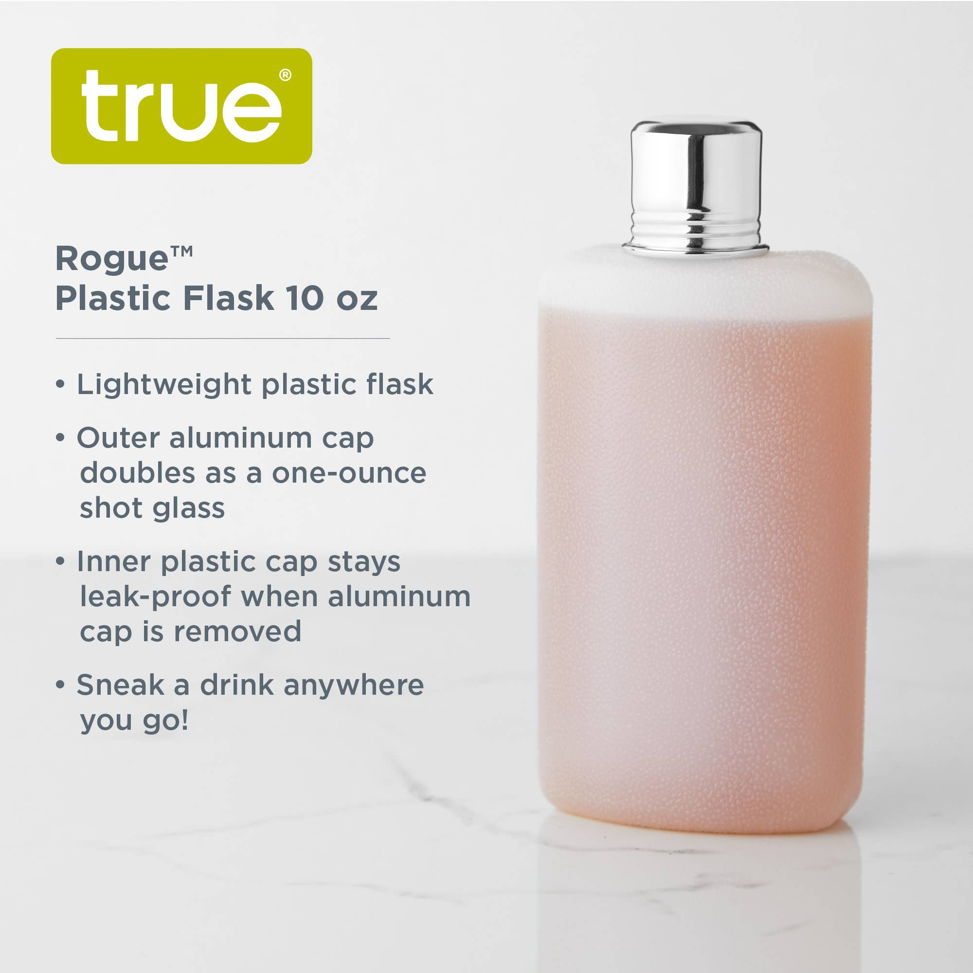 TRUE - Wholesale Flask - Rogue Plastic Flask w Shot Glass Lid ASST COLORS and SIZES12