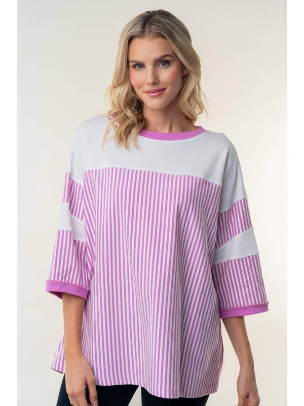 Black T25111 Short Sleeve Striped Knit Top for wholesale on Faire6