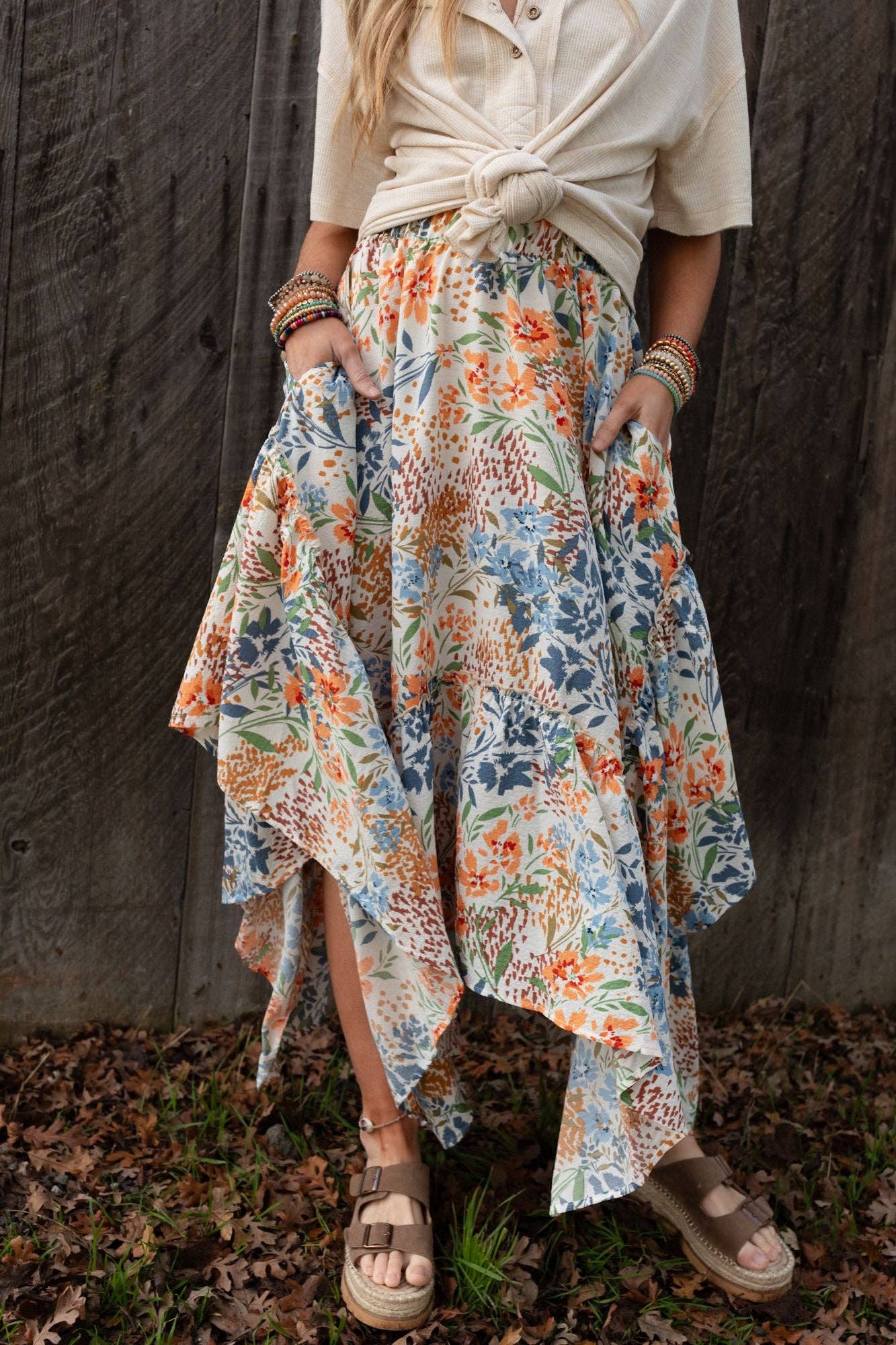 Three Bird Nest - Wholesale Skirt - Women's - Swing Of Things Pocketed Midi Skirt - Floral10