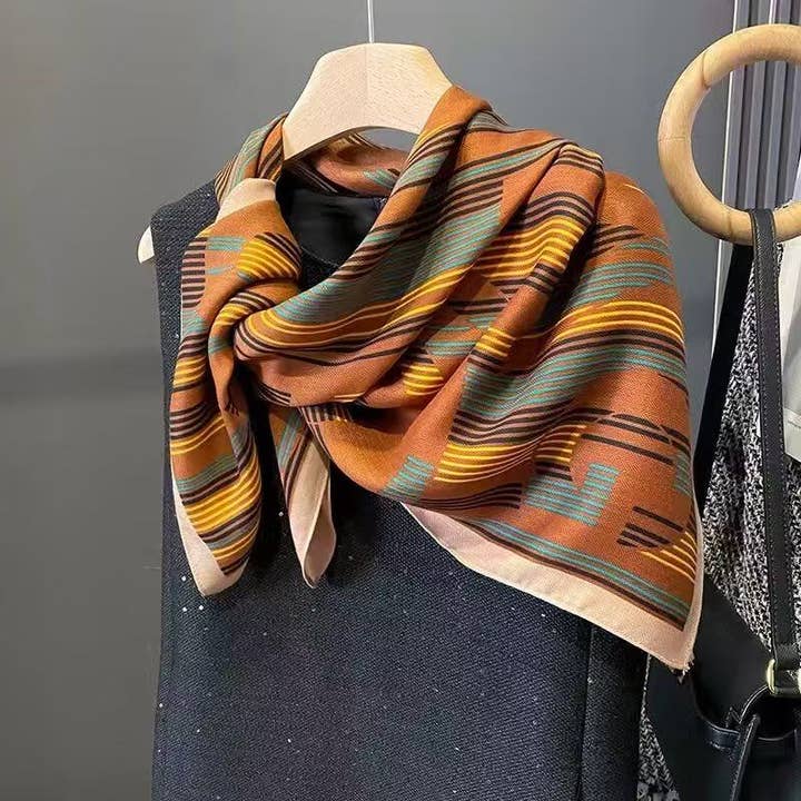 COSMOS - Wholesale Head Scarf - Women's - Striped scarf 90x90 warm tones chic ethnic style