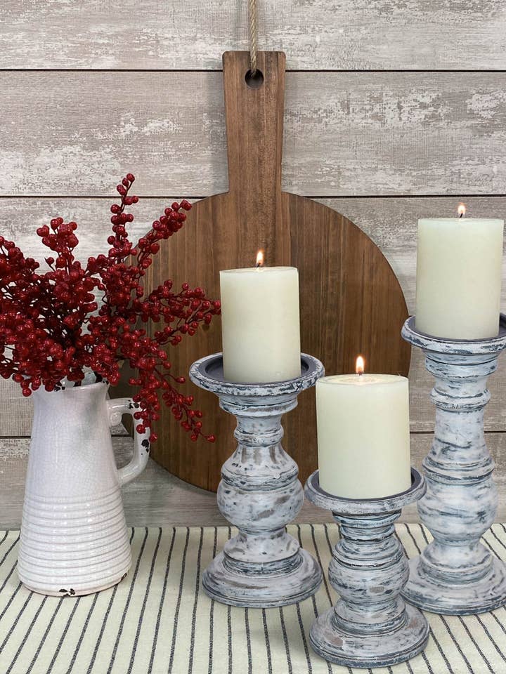 Wooden Candleholder with Turned Pedestal Base; Set of 3; Distressed White and Black; DunaWest for wholesale by Fashion Quality Boutik
