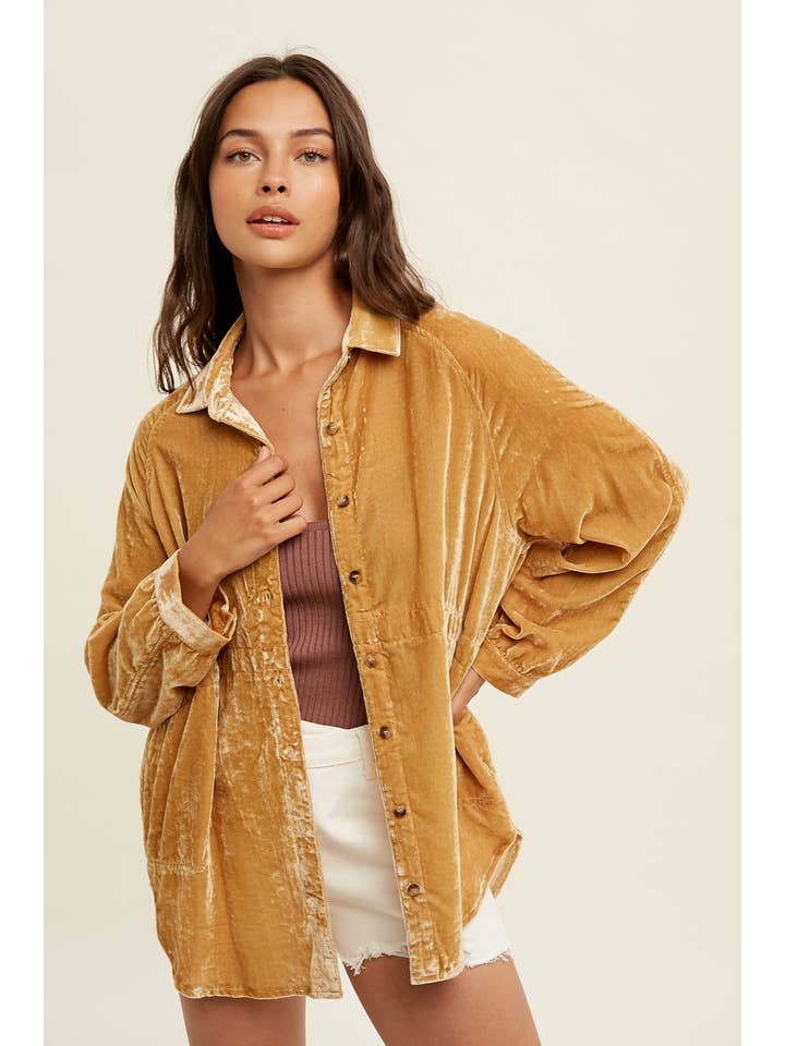 Wishlist Apparel - Wholesale Button Down Shirt - Women's - OVERSIZED CRUSHED VELVET SHIRT WITH SIDE POCKETS / WL22-6766