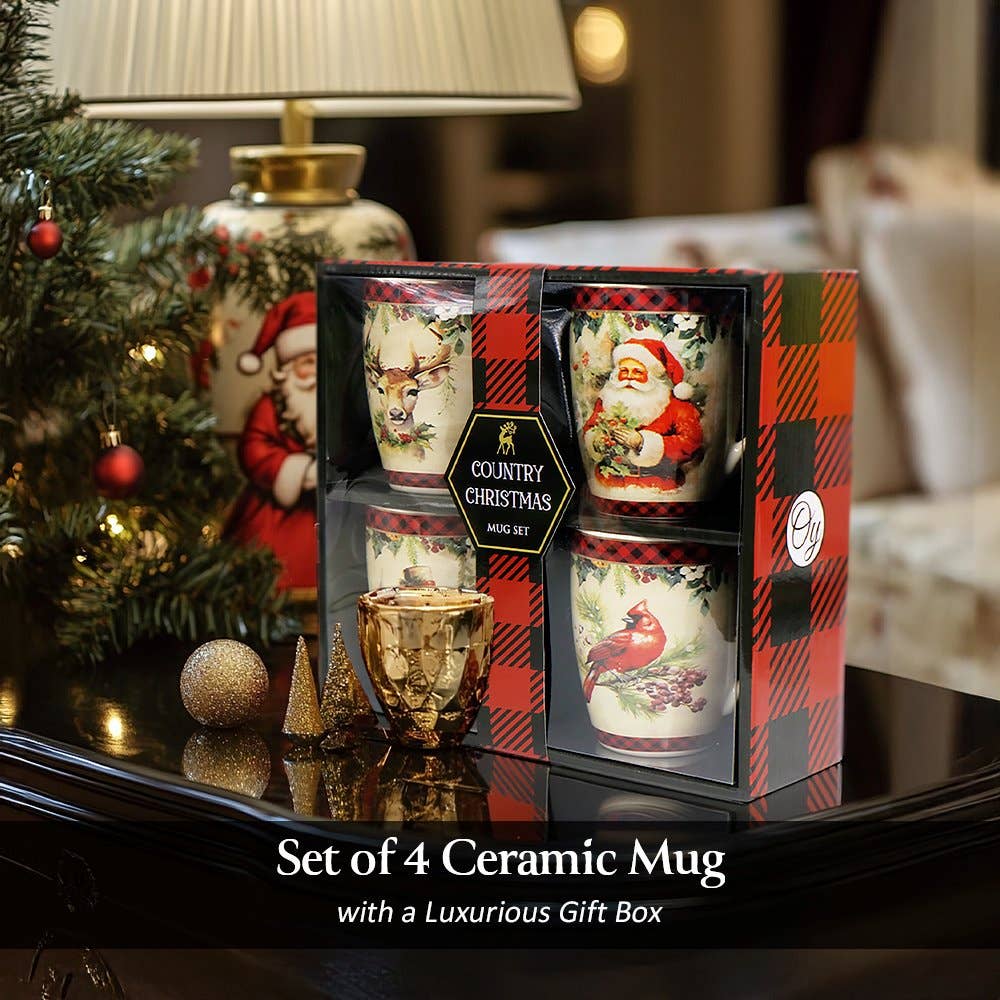OrnamentallyYou - Wholesale Drinking Glass/Cup - Festive Country Plaid Set of 4 Ceramic Mugs with Real Gold Trim, Christmas Kitchen Coffee Cup Gift with Santa, Cardinal, Deer, and Snowman2