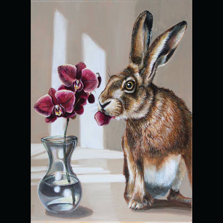 Mini Print with envelope - Rabbit Eating an Orchid for wholesale by Coffeehouse Animals