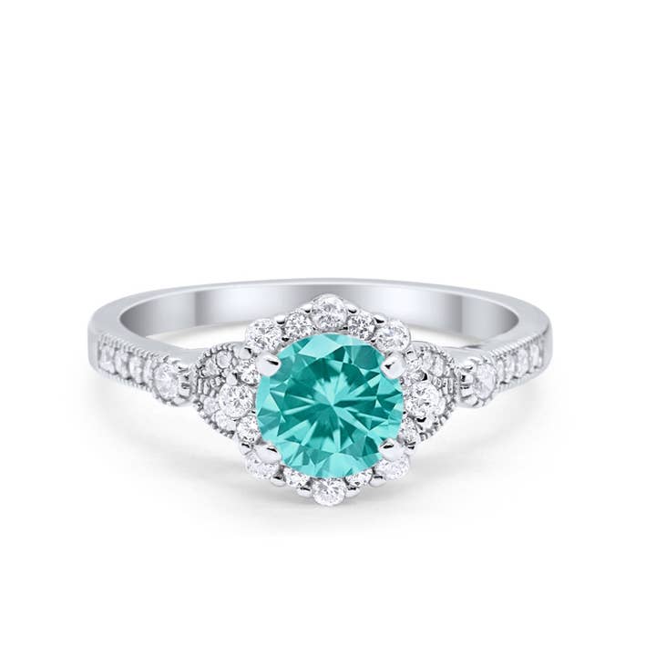Floral Art Deco Engagement Ring Simulated Paraiba Tourmaline CZ for wholesale by Blue Apple Imports